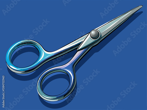 A beautifully illustrated surgical scissors in shiny steel, placed on a muted sterile blue background.