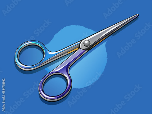 A beautifully illustrated surgical scissors in shiny steel, placed on a muted sterile blue background.