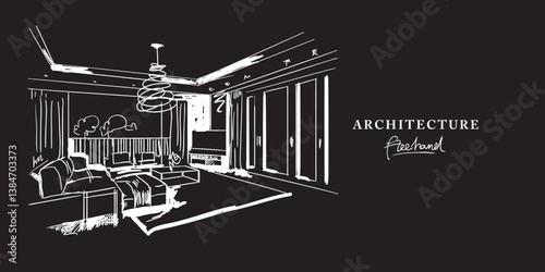 Architecture interior design freehand drawing, Sketch Hand drawn Drawing design.
