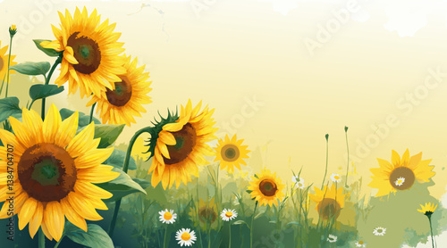  *Sunflower Field Watercolor Background – Vibrant Yellows and Greens in Full Bloom, Cheerful Summer Design with Copy Space* 