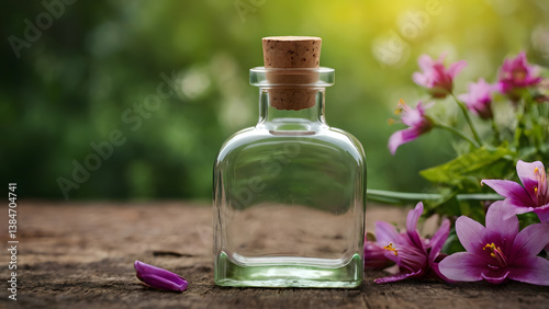 Transparent glass bottles for oils with natural cork around lilac flowers nature