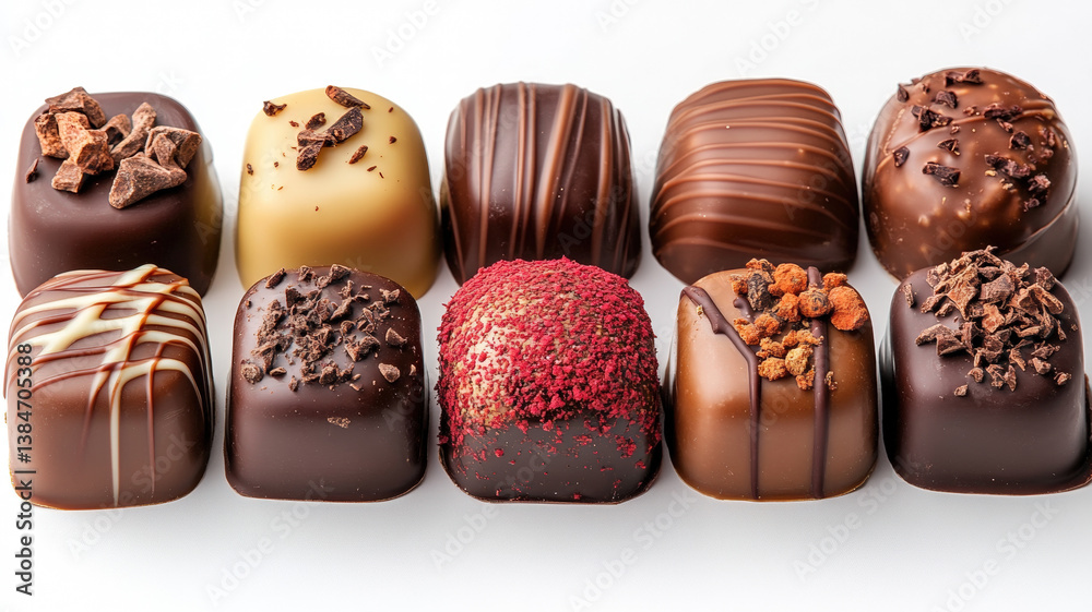 Elegant assorted chocolate truffles with artistic toppings, arranged on white background, luxurious gourmet dessert treats