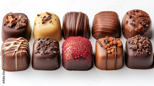 Obraz na płótnie Elegant assorted chocolate truffles with artistic toppings, arranged on white background, luxurious gourmet dessert treats w salonie