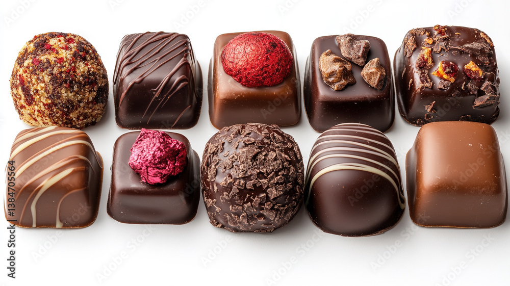 Elegant assorted chocolate truffles with artistic toppings, arranged on white background, luxurious gourmet dessert treats