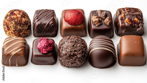 Obraz na płótnie Elegant assorted chocolate truffles with artistic toppings, arranged on white background, luxurious gourmet dessert treats w salonie