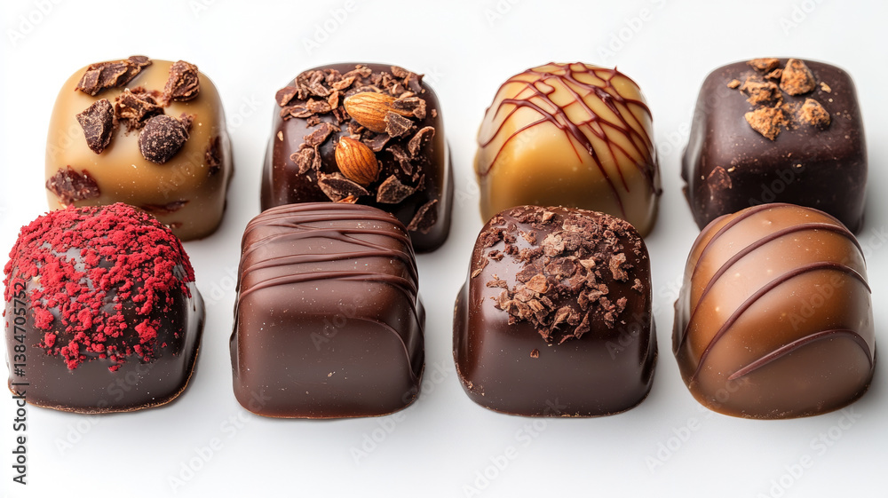 Elegant assorted chocolate truffles with artistic toppings, arranged on white background, luxurious gourmet dessert treats