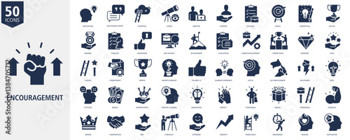 Encouragement Icon Set glyph Style with motivation, motivation quote, potential, vision, mentor, support, checklist, goals, conceptual and success
