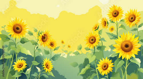  *Sunflower Field Watercolor Background – Vibrant Yellows and Greens in Full Bloom, Cheerful Summer Design with Copy Space* 