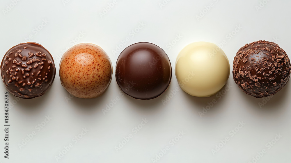 Assorted gourmet chocolate truffles arranged in two neat rows on white background, various textures and flavors