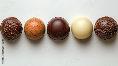 Obraz na płótnie Assorted gourmet chocolate truffles arranged in two neat rows on white background, various textures and flavors w salonie