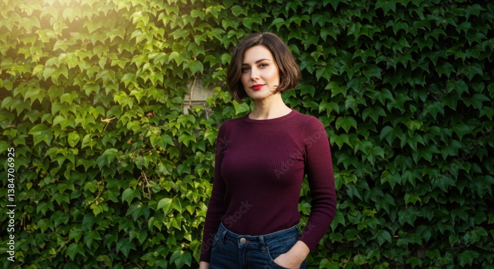 Portrait of a Woman with Short Brown Hair in a Maroon Sweater Against a Lush Green Ivy Wall Portrait of a Woman with Short Brown Hair in a Maroon Sweater Against a Lush Green Ivy Wall