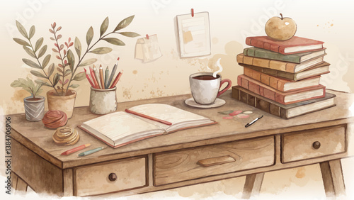 *Watercolor teacher's desk background with books, coffee cup, and stationery in warm browns and creams, inviting workspace with copy space*  