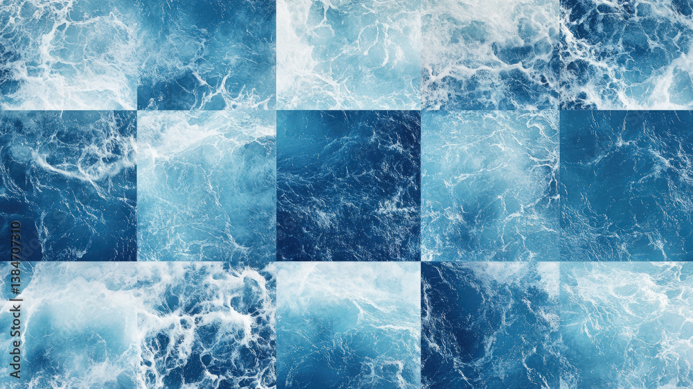 Abstract Ocean Water Pattern Collage, Blue Sea Waves, Splashing Foam, Nature Texture, Dynamic Marine Background
