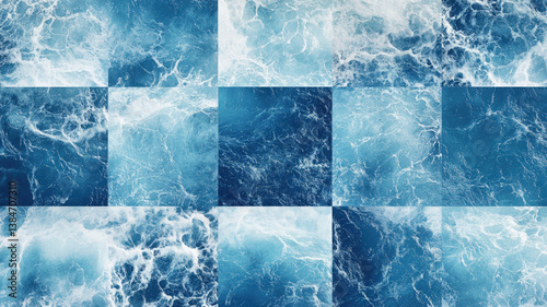 Obraz na płótnie Abstract Ocean Water Pattern Collage, Blue Sea Waves, Splashing Foam, Nature Texture, Dynamic Marine Background w salonie