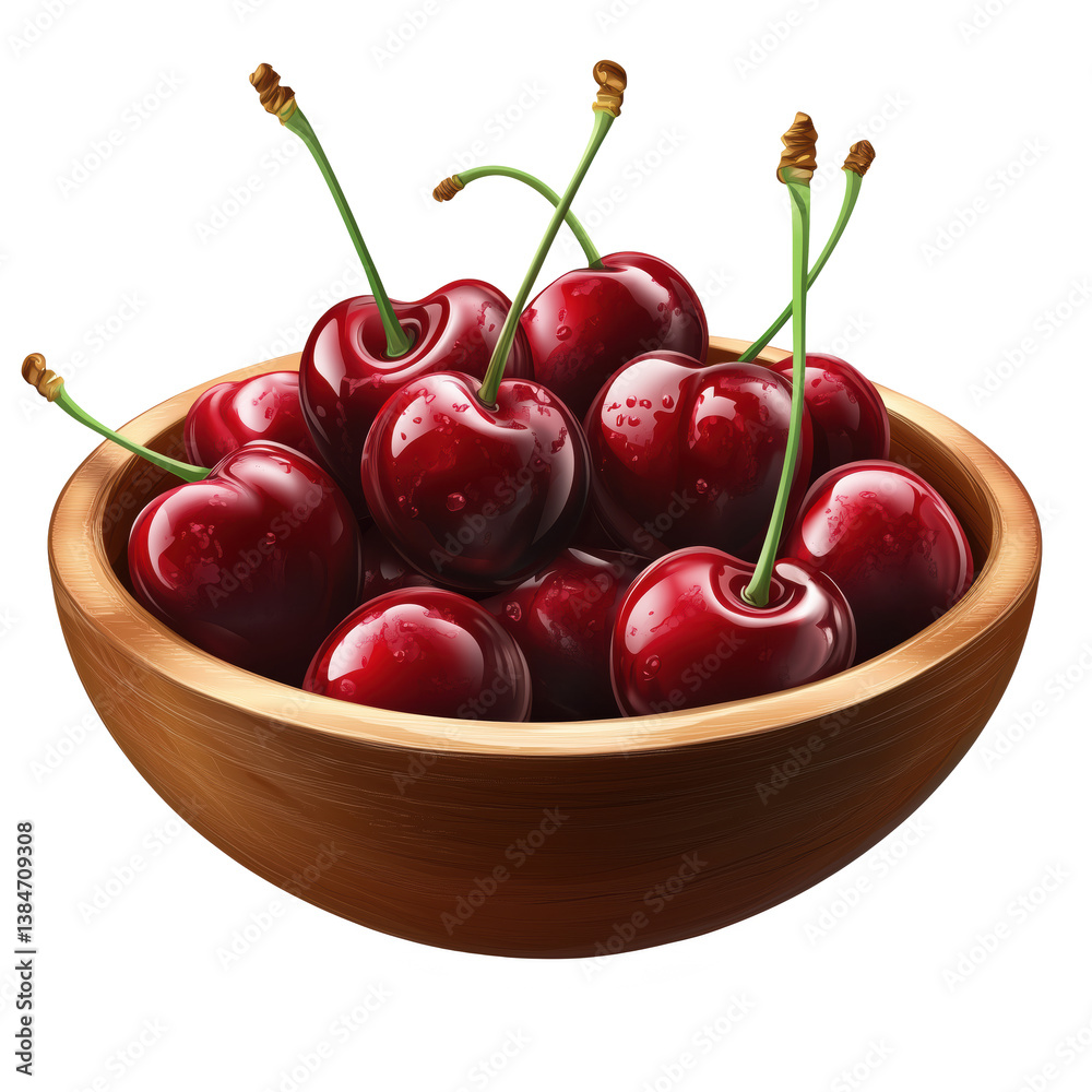 Wooden bowl filled with ripe red cherries with stems and water droplets, fresh juicy fruit isolated on transparent background. Wooden bowl filled with ripe red cherries with stems and water droplets, fresh juicy fruit isolated on transparent background.