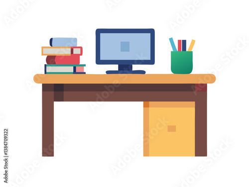 Office desk with computer and stationery items