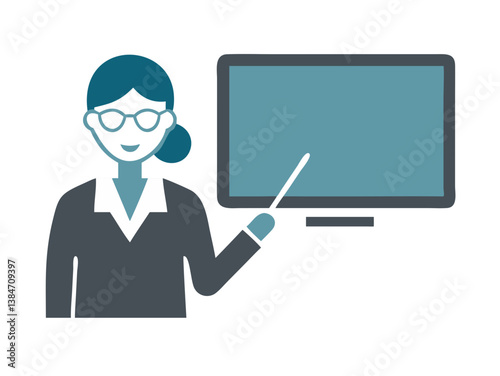 Female teacher with pointer and chalkboard icon