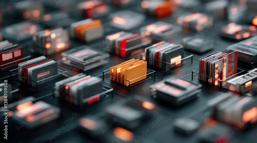 Obraz premium Abstract network grid with files and folders, futuristic software interface, digital document management system, store, search and organize documents, corporate business, paperless office 