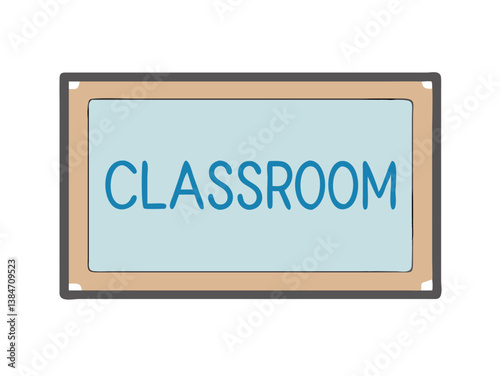 Classroom signboard in pastel frame with blue text