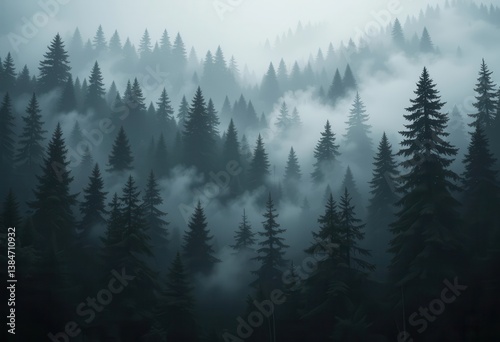 Misty forest landscape with tall coniferous trees at dawn