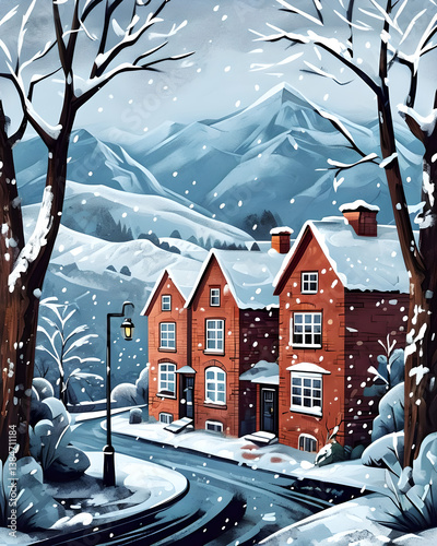 Red village houses in a snowy mountain landscape with trees and festive atmosphere.