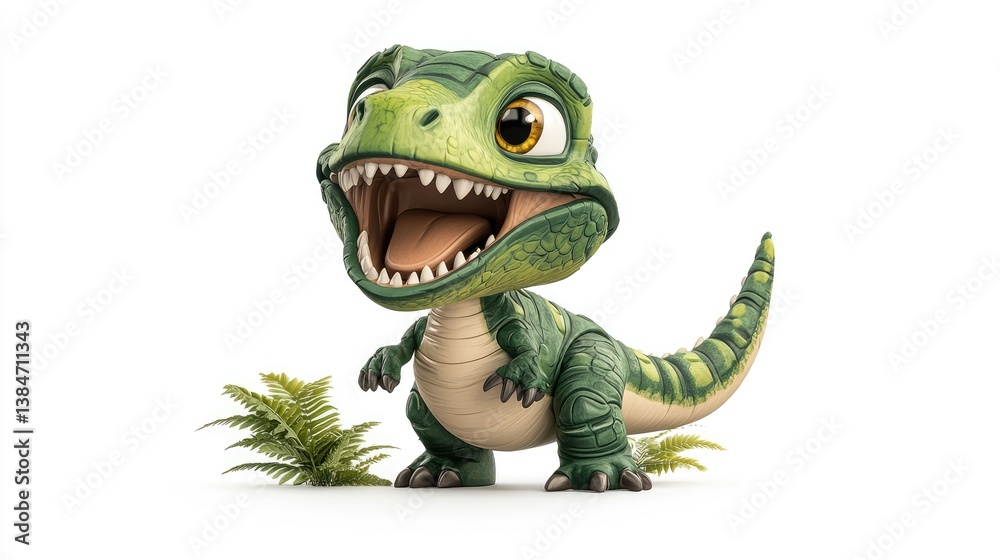 Fototapeta premium Cute cartoon dinosaur. Smiling, small, green