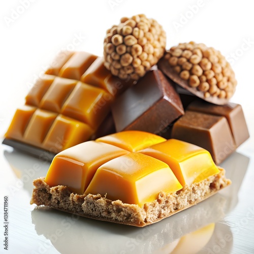 A close-up of smooth milk chocolate filled with crispy rice and tangy mango pieces, glossy chocolate surface with vibrant orange mango chunks and crunchy texture, soft light reflections on the chocola photo