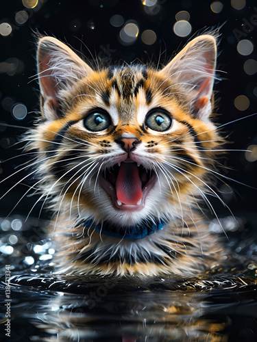 Playful kitten with wide eyes and open mouth, surrounded by water droplets and sparkles.