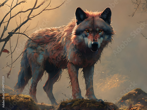Mysterious dark wolf standing in a misty forest clearing at sunset, intense gaze and moody atmosphere.