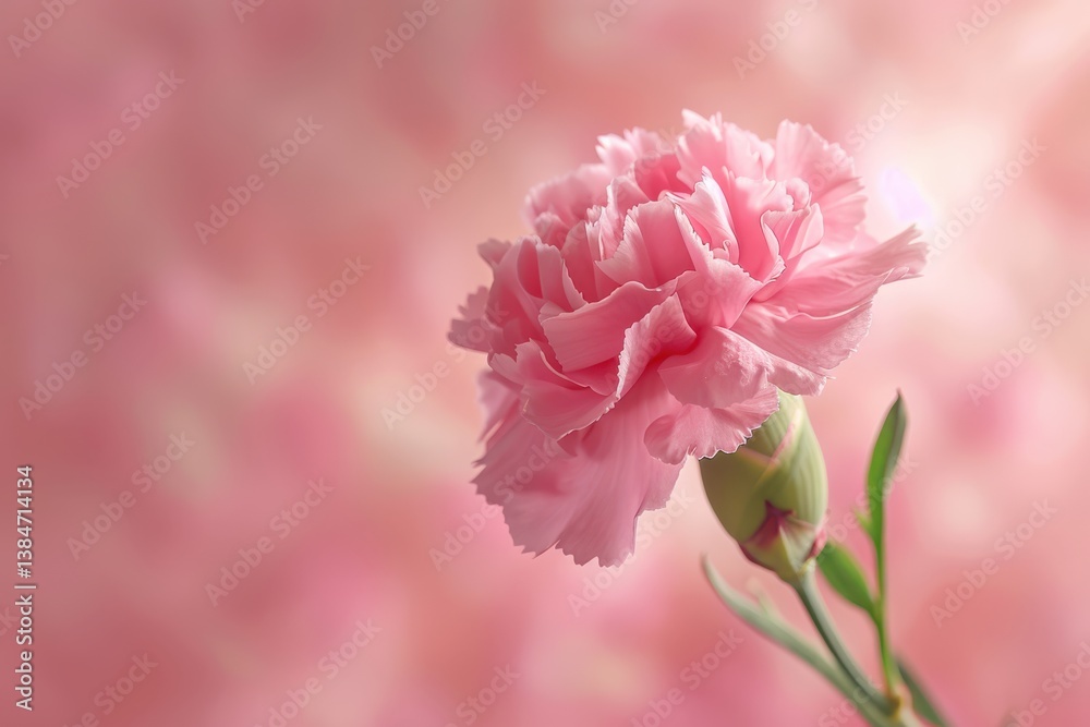 Pink carnation blooming elegantly against a softly blurred pastel background in springtime Pink carnation blooming elegantly against a softly blurred pastel background in springtime