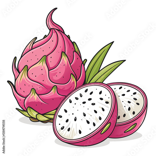 Design a bold vector illustration of a dragon fruit, emphasizing its vibrant pink and green hues with strong graphic lines.  Include seeds.