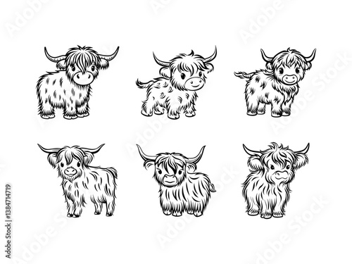 Cartoon Highland cow calves silhouette isolated on white background