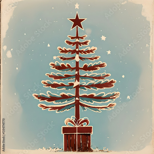 Vintage-style Christmas tree with red ornaments and a star on top, set against a textured background.