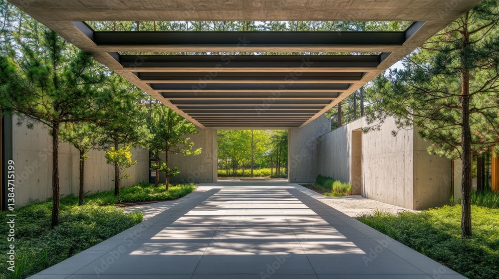 Obraz premium Modern concrete entryway with canopy over garden