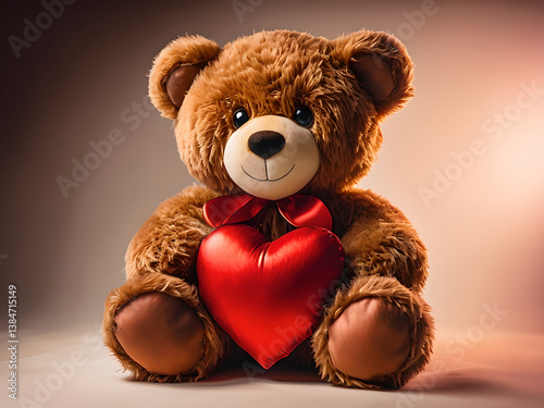 A plush teddy bear holding a red heart, symbolizing love and affection. Ideal for Valentine's Day or romantic content.