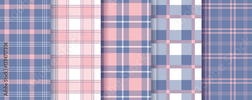 Plaid check background. Tartan seamless pattern. Flannel prints. Blue purple textures. Lumberjack tablecloth. Gingham fabrics. Vichy shirt textile. Buffalo checkered cloth. Vector illustration