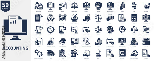 Accounting Icon Set glyph Style with accountant, accounting, financial, balance sheet, research, expense, authentication, budget, tax and stock price
