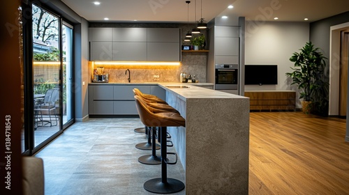 Modern kitchen design featuring grey cabinetry, sleek countertops, stylish bar stools, and an open layout with natural light