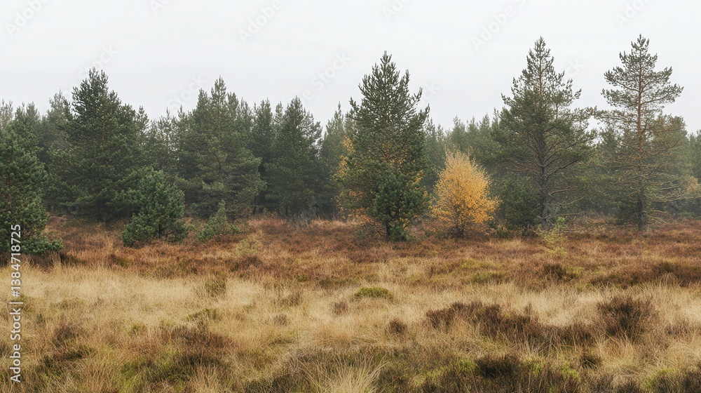 Autumnal moorland, misty pines, heather, nature background Autumnal moorland, misty pines, heather, nature background