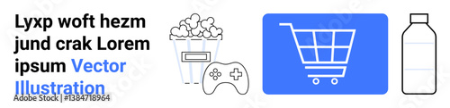 Shopping cart icon, gaming controller, popcorn box, and water bottle design representing shopping, gaming, entertainment, and healthy lifestyle. Ideal for retail, e-commerce games leisure