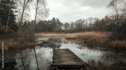 Autumnal pond, wooden dock, forest reflection, misty day, nature serenity