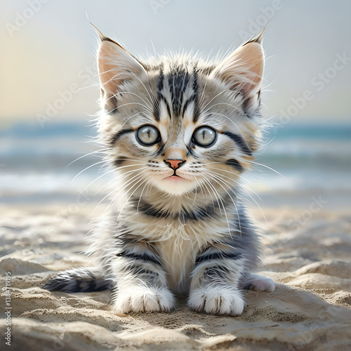 Adorable Tabby Kitten Sitting on the Beach in Morning Light