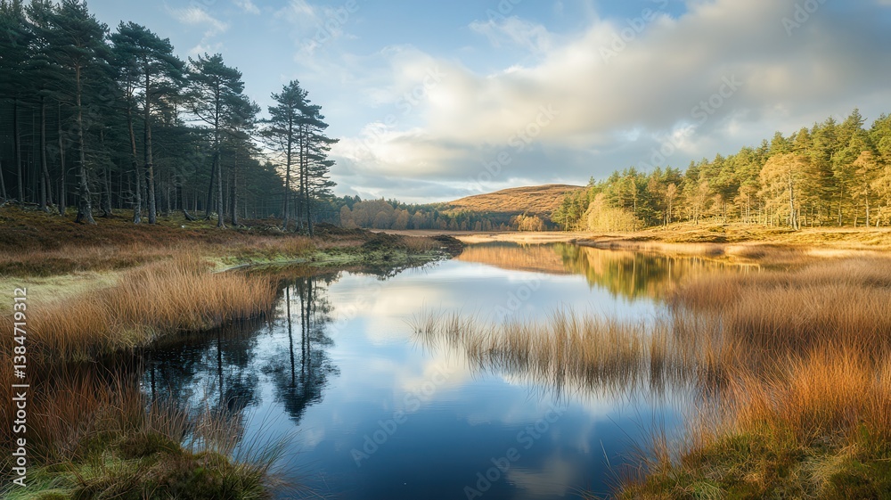 Calm autumn lake reflecting sky, forest Calm autumn lake reflecting sky, forest