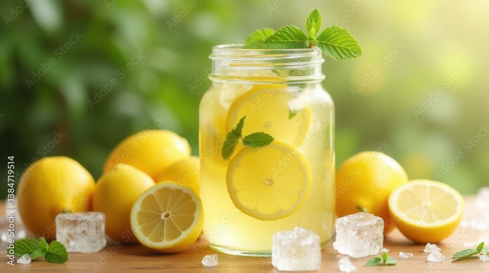 Refreshing homemade lemonade with mint in garden setting Refreshing homemade lemonade with mint in garden setting