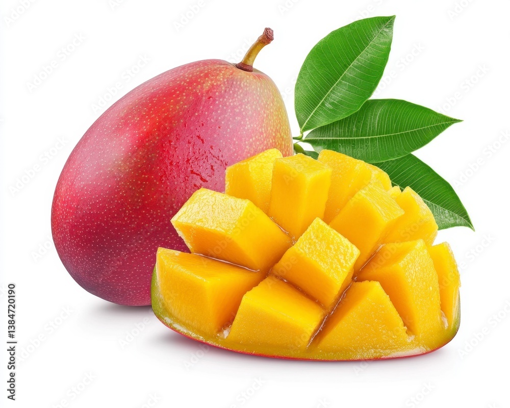 Fresh and Juicy Mango with Slices and Green Leaves Isolated Fresh and Juicy Mango with Slices and Green Leaves Isolated