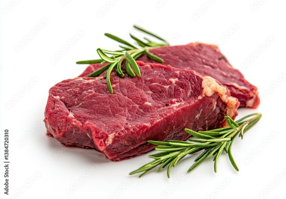 Fresh Raw Meat Cuts with Green Herbs on White Background
