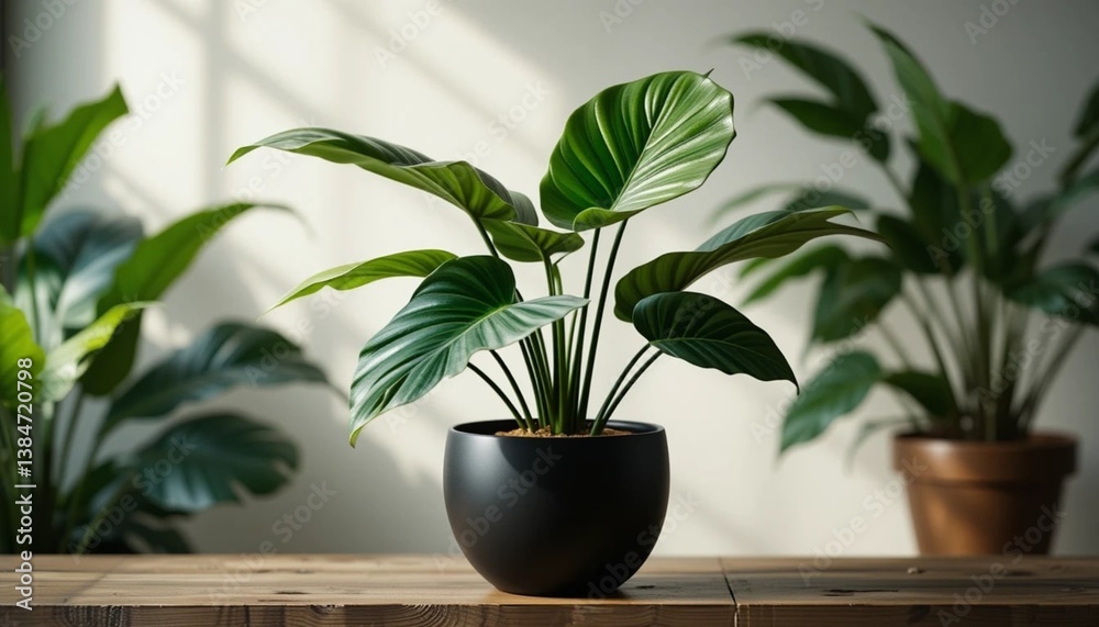Fototapeta premium Lush Green Philodendron Plant in a Modern Black Pot, Indoor Plant Decor
