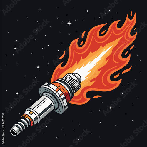 Create a vector illustration of a glowing afterburner jet engine, emphasizing bold, dynamic strokes and vibrant color gradients.  High detail, futuristic aesthetic.