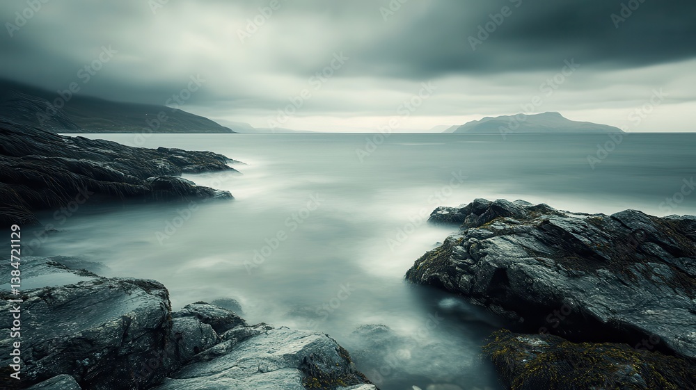 Coastal rocks, stormy sea, island backdrop, long exposure, travel Coastal rocks, stormy sea, island backdrop, long exposure, travel