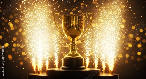 golden trophy shining brightly on a podium with fireworks and confetti celebrating a grand victory.generative ai